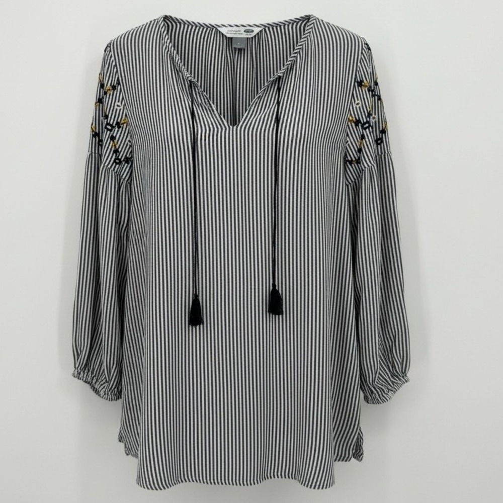 Old Navy Striped Boho Embroidered Sleeve Tassel Peasant Top Sz Medium Navy White